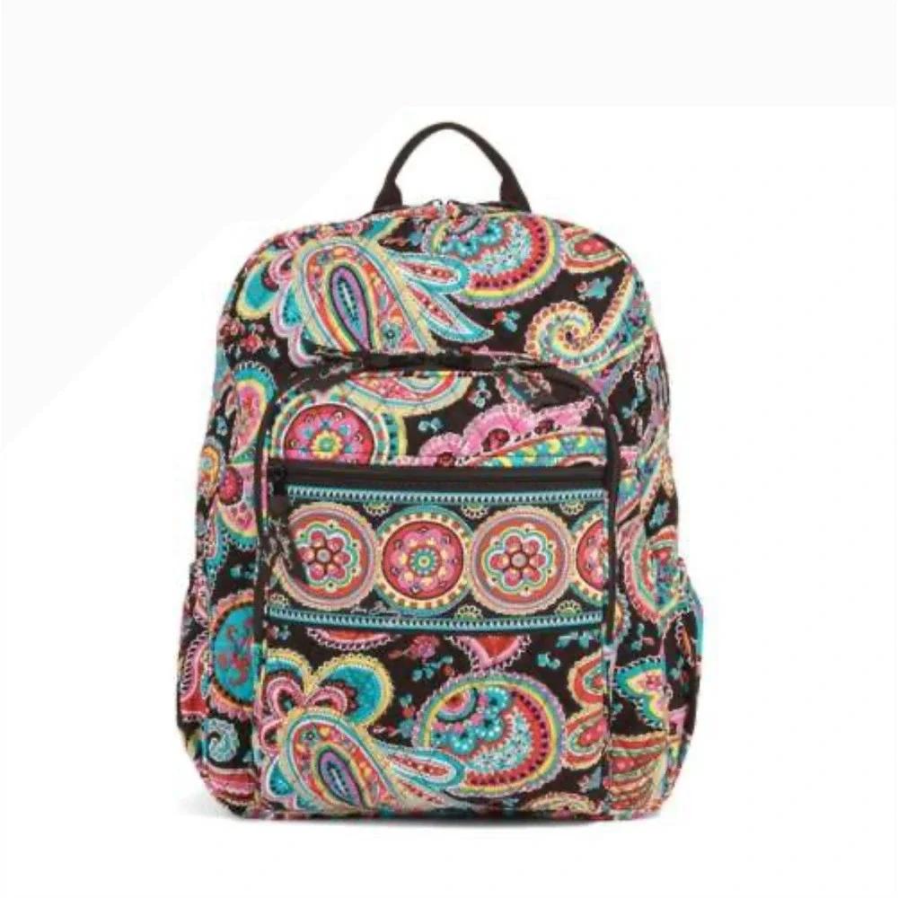 Vera Bradley Campus Backpack Black Multi Color Paisley Quilted Cotton Travel Bag